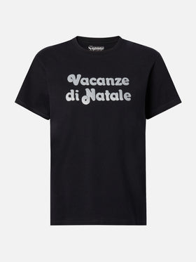 Emilie Baumwoll-T-Shirt in Schwarz mit „Vacanze di Natale“-Glitzerdruck | VACANZE DI NATALE SONDERAUSGABE