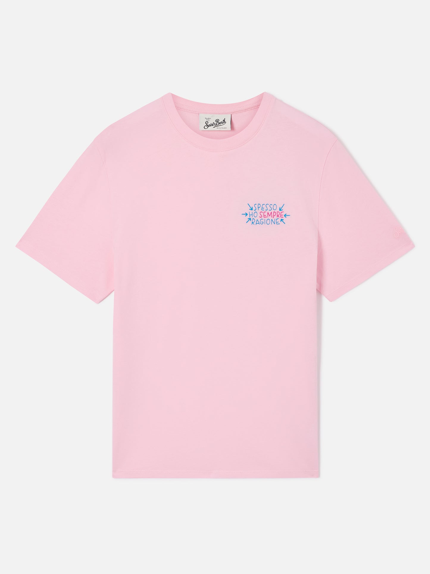 Emilie T-Shirt in Rosa mit „Spesso ho sempre ragione“-Stickerei 