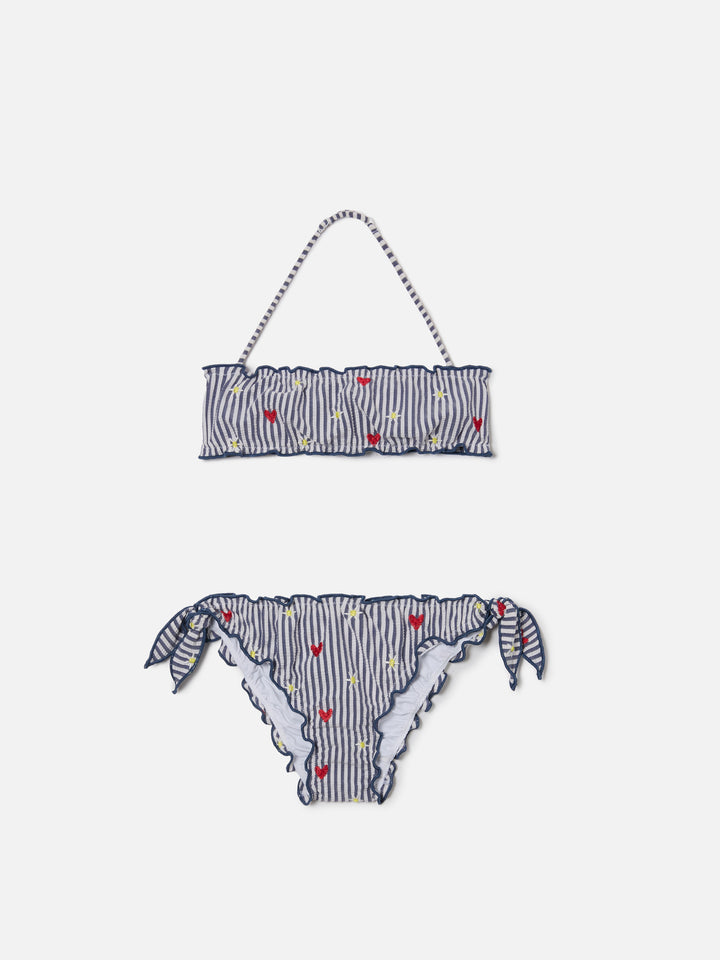 Bikini Emy bianco e navy in seersucker a righe con ricami