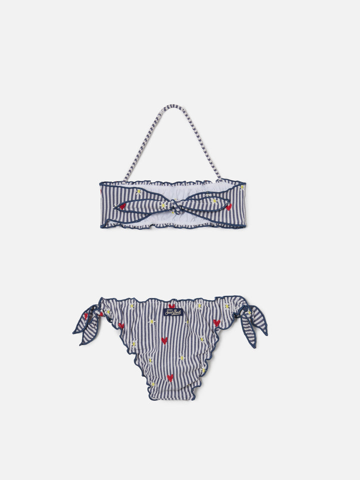 Bikini Emy bianco e navy in seersucker a righe con ricami
