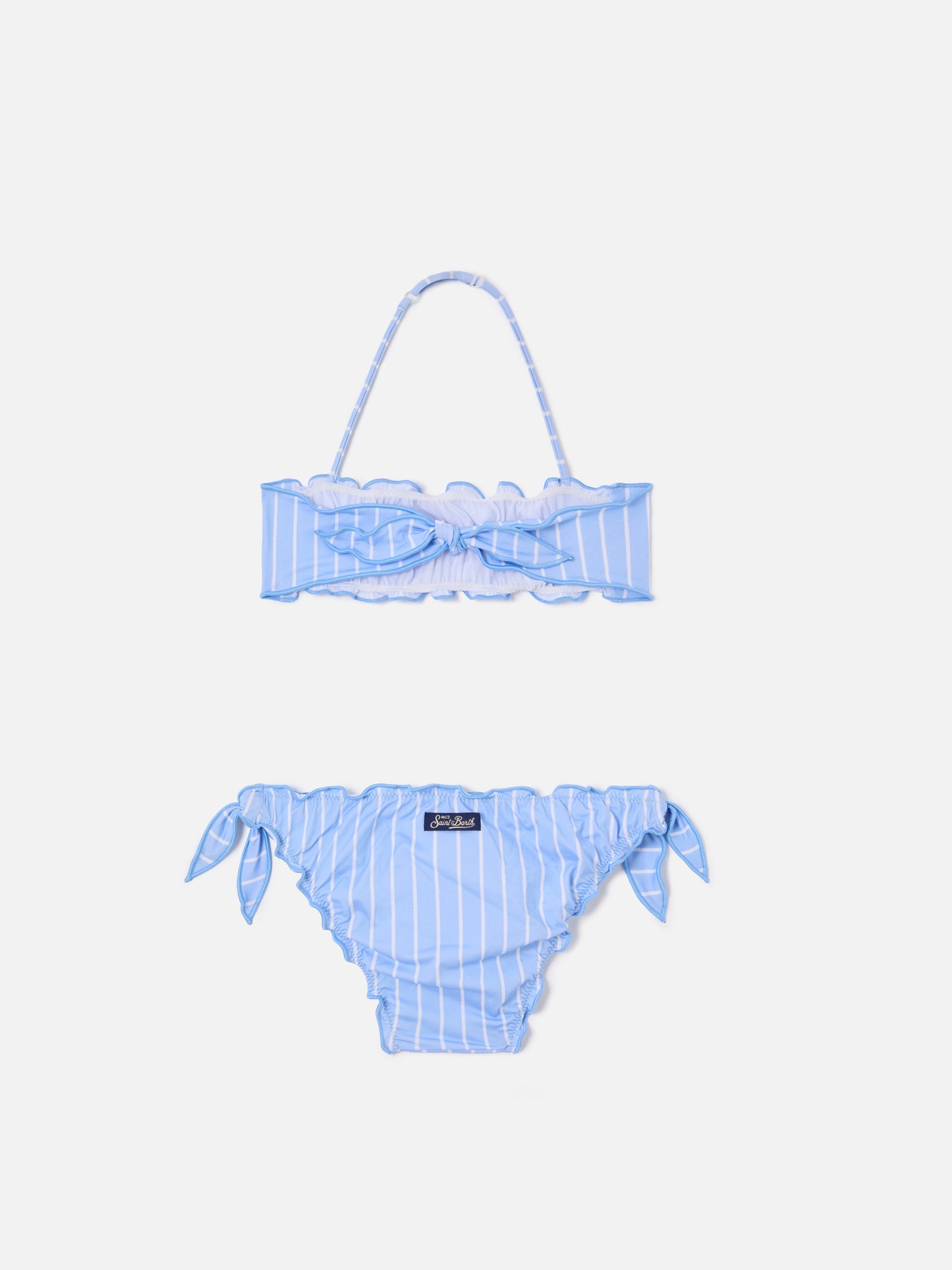 Emy light blue and white striped bikini with ruffled edges