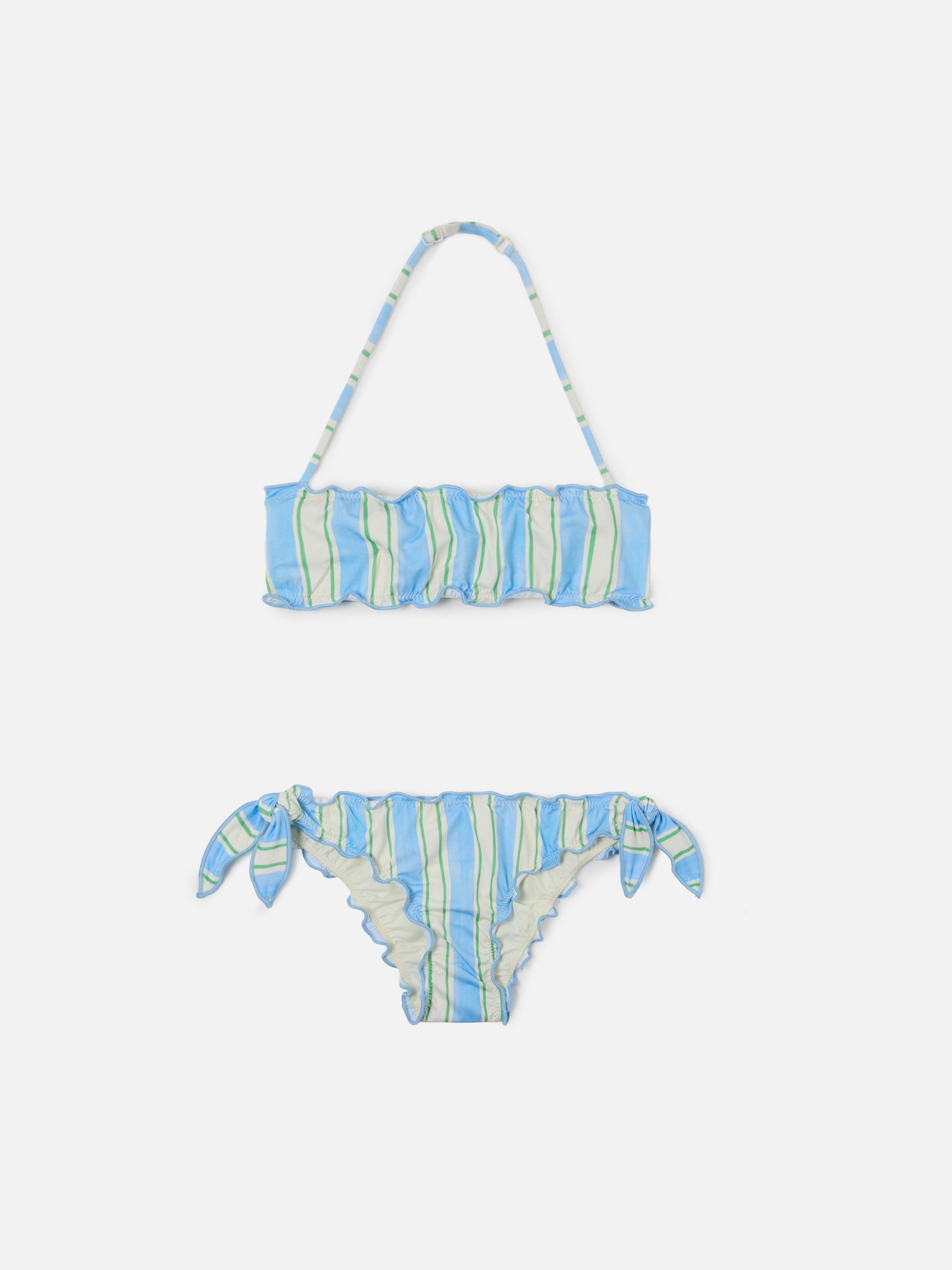Bikini Emy blanc, bleu clair et vert à rayures, avec bords volantés 
