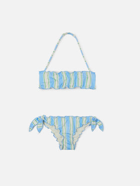 Bikini Emy blanc, bleu clair et vert à rayures, avec bords volantés 