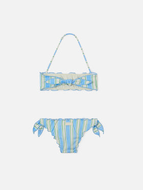 Bikini Emy blanc, bleu clair et vert à rayures, avec bords volantés 