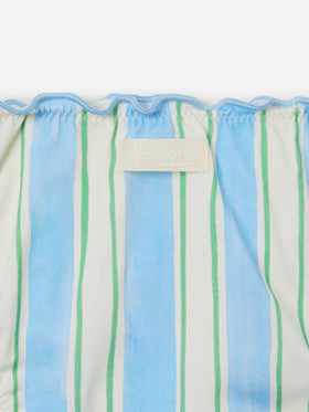 Bikini Emy blanc, bleu clair et vert à rayures, avec bords volantés 