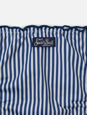 Emy white and blue striped bikini with ruffled edges