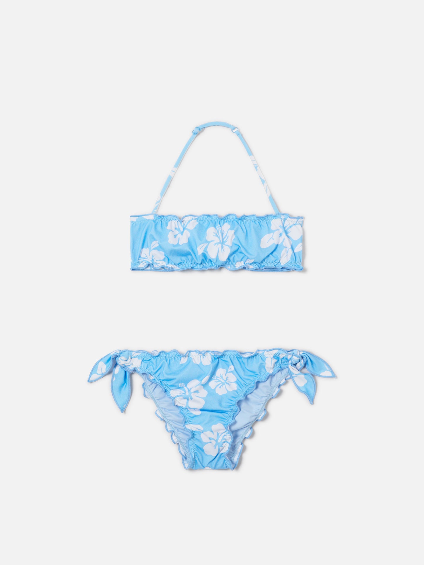Emy light blue bandeau bikini hibiscus print