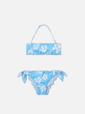 Emy light blue bandeau bikini hibiscus print