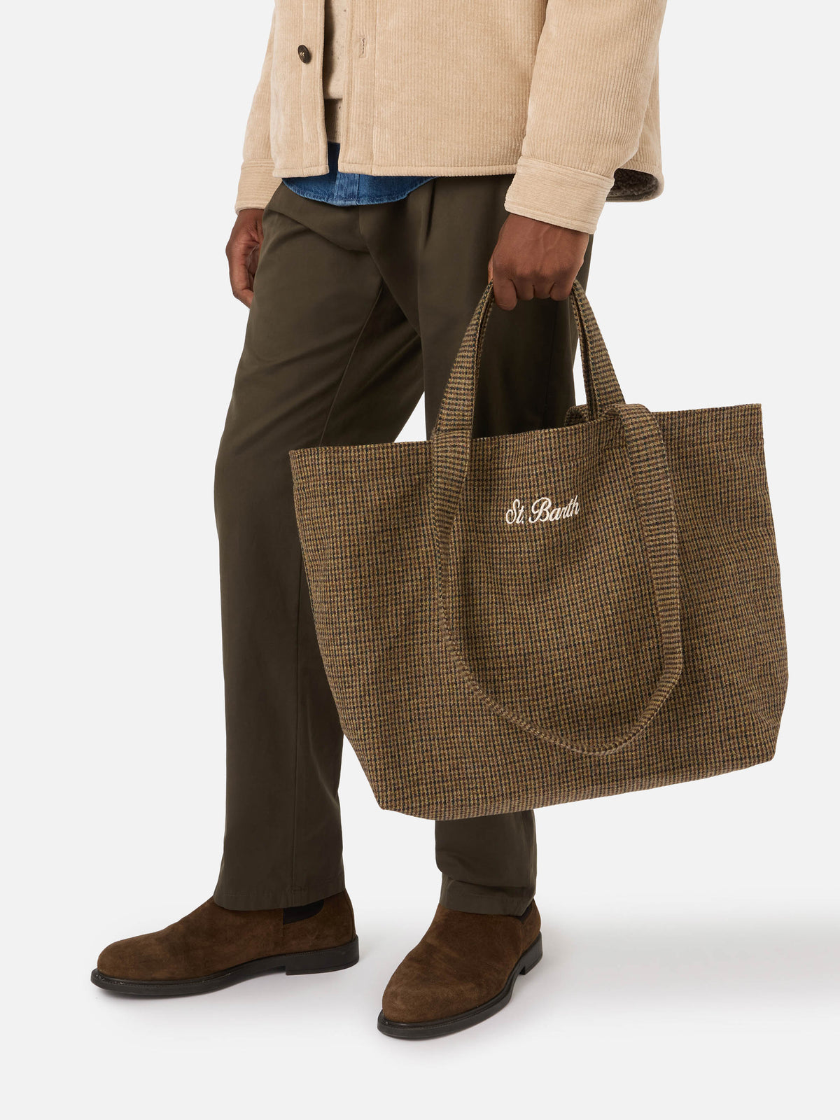 Bolso tote Beige Essential de mezcla de lana con motivo de pata de gallo 