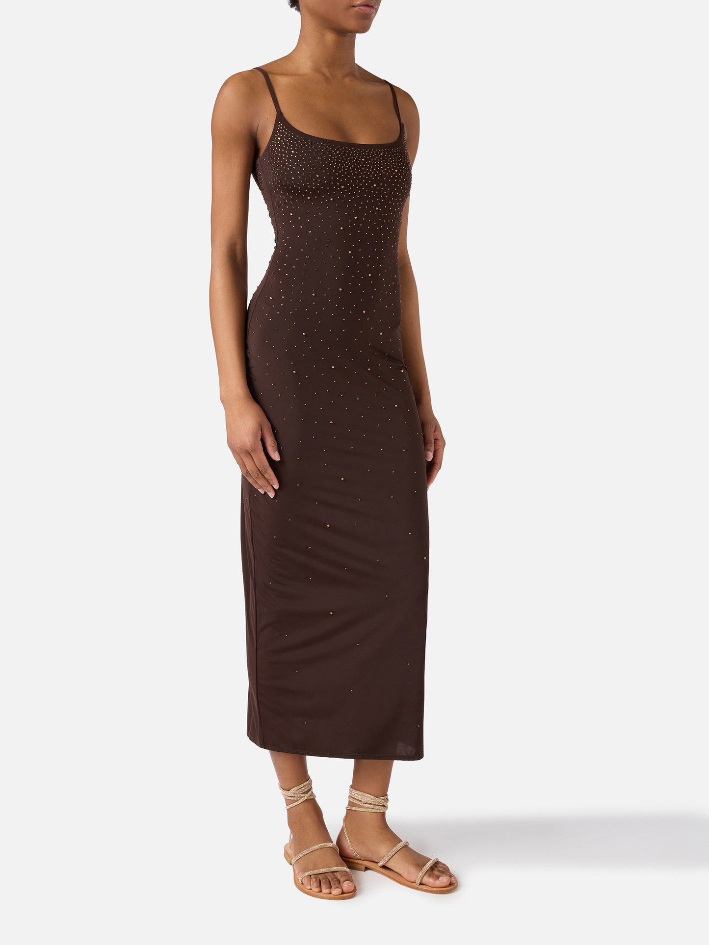Vestido largo Evy en marrón con strass de efecto degradé 