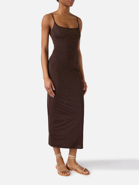 Vestido largo Evy en marrón con strass de efecto degradé 