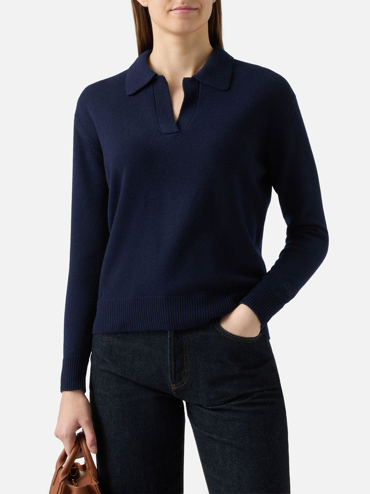 Mitternachtsblauer Eze-Wollpullover mit Polokragen