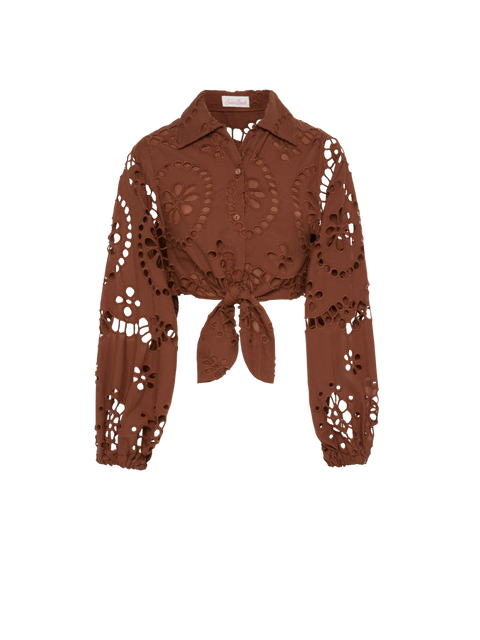 Febe camel brown cotton Sangallo lace shirt - MC2 Saint Barth