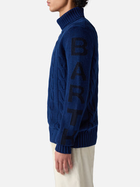 Schwarzer Rollkragenpullover mit Zopfmuster für Herren Fisherman