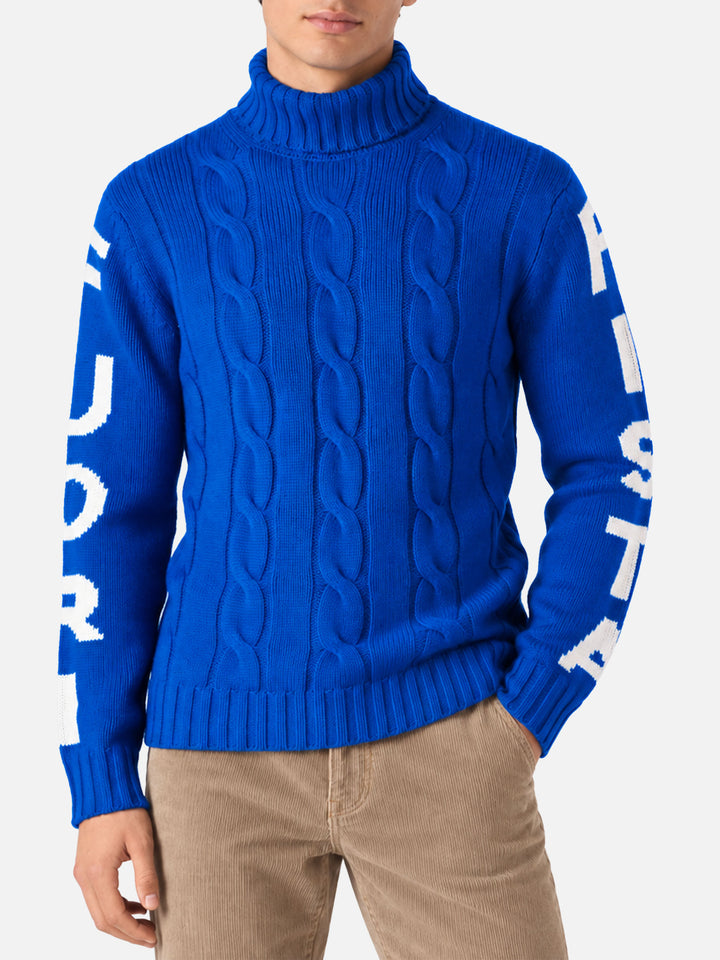 Jersey de cuello alto con punto trenzado estilo fisherman y jacquard Fuori pista azul 