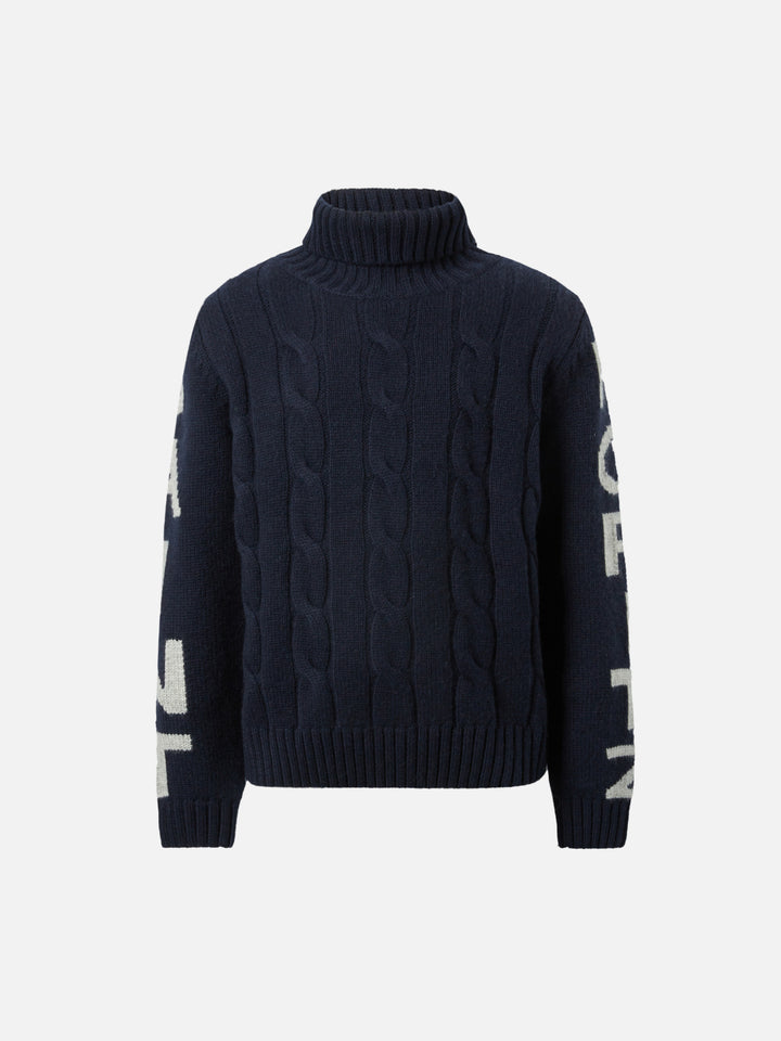 Fisherman Jr blue cable knit sweater Saint Moritz jacquard