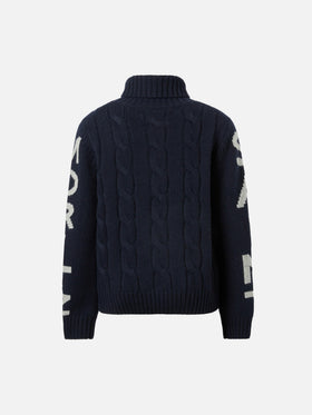 Marineblauer Zopfstrick-Rollkragenpullover Fisherman Jr mit Saint Moritz Jacquard