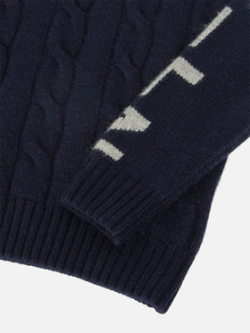 Marineblauer Zopfstrick-Rollkragenpullover Fisherman Jr mit Saint Moritz Jacquard