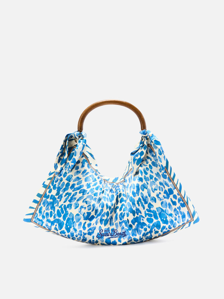 Foulard silk bag with wooden handle and animal print