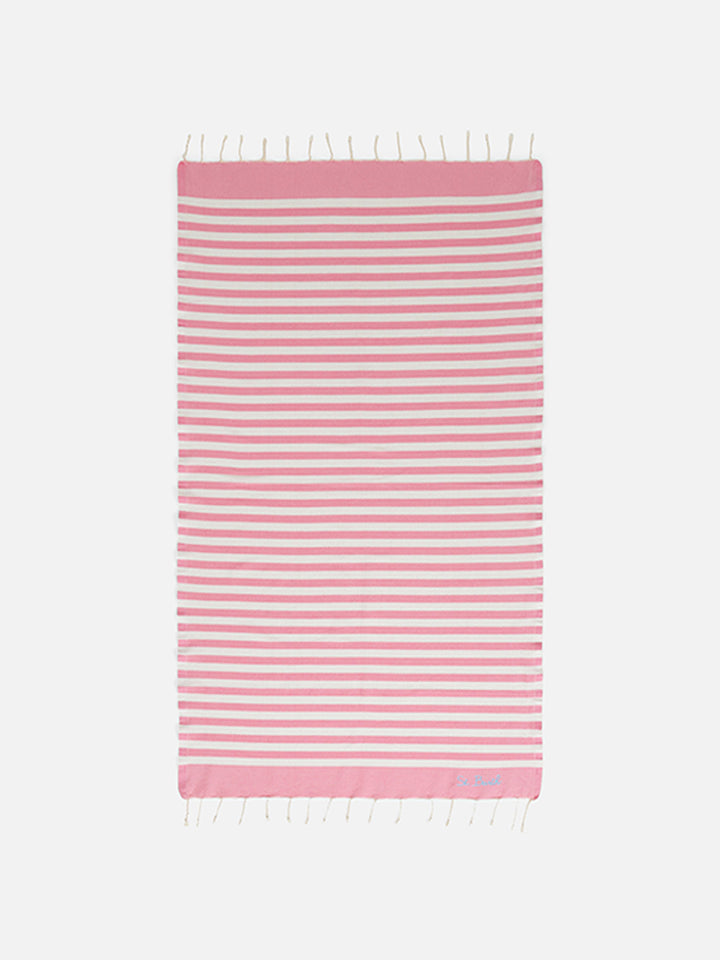 Toalla de playa fouta con rayas rosas y blancas 