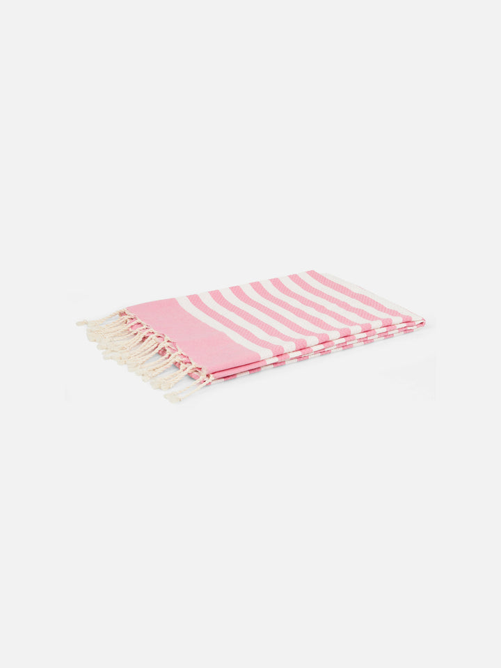 Toalla de playa fouta con rayas rosas y blancas 