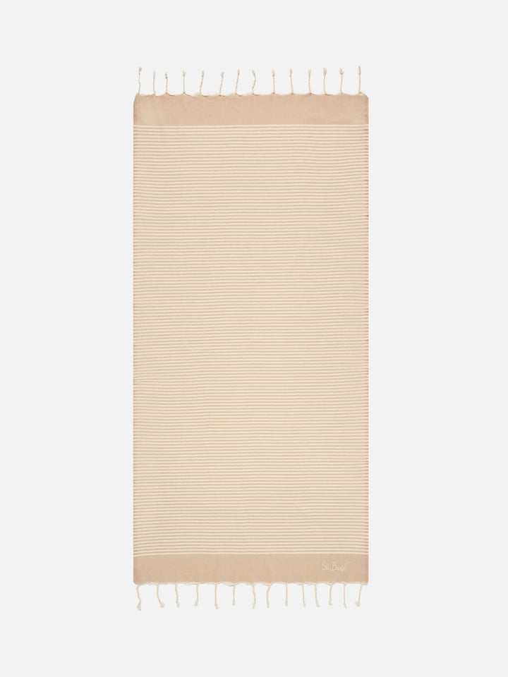 Serviette de plage fouta à fines rayures beige et blanches 