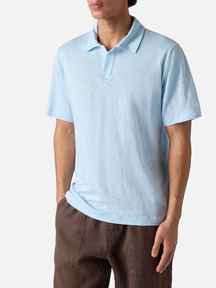 Polo Fraser in puro lino azzurro