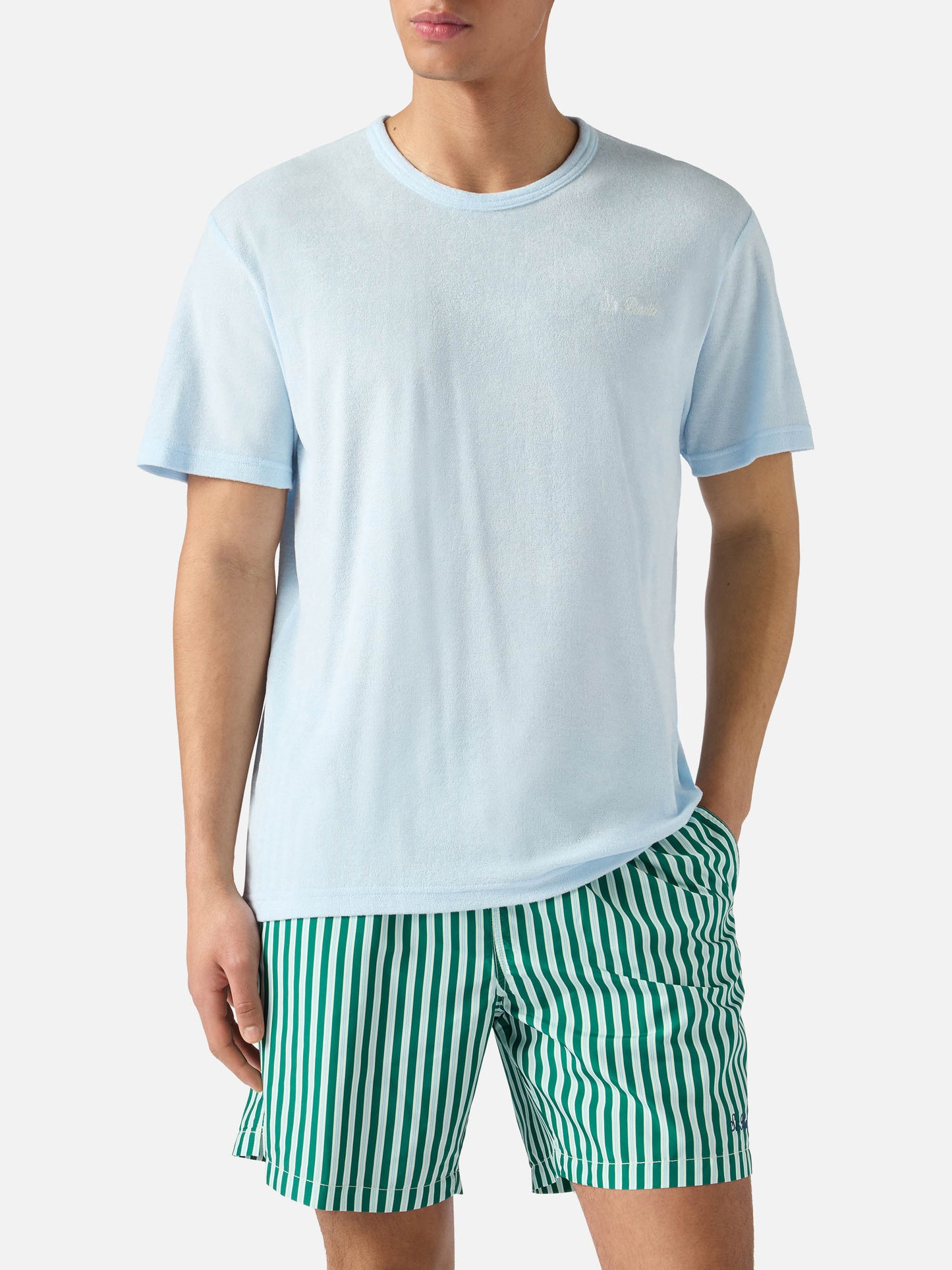 Light blue Gary cotton terry-effect t-shirt with logo embroidery