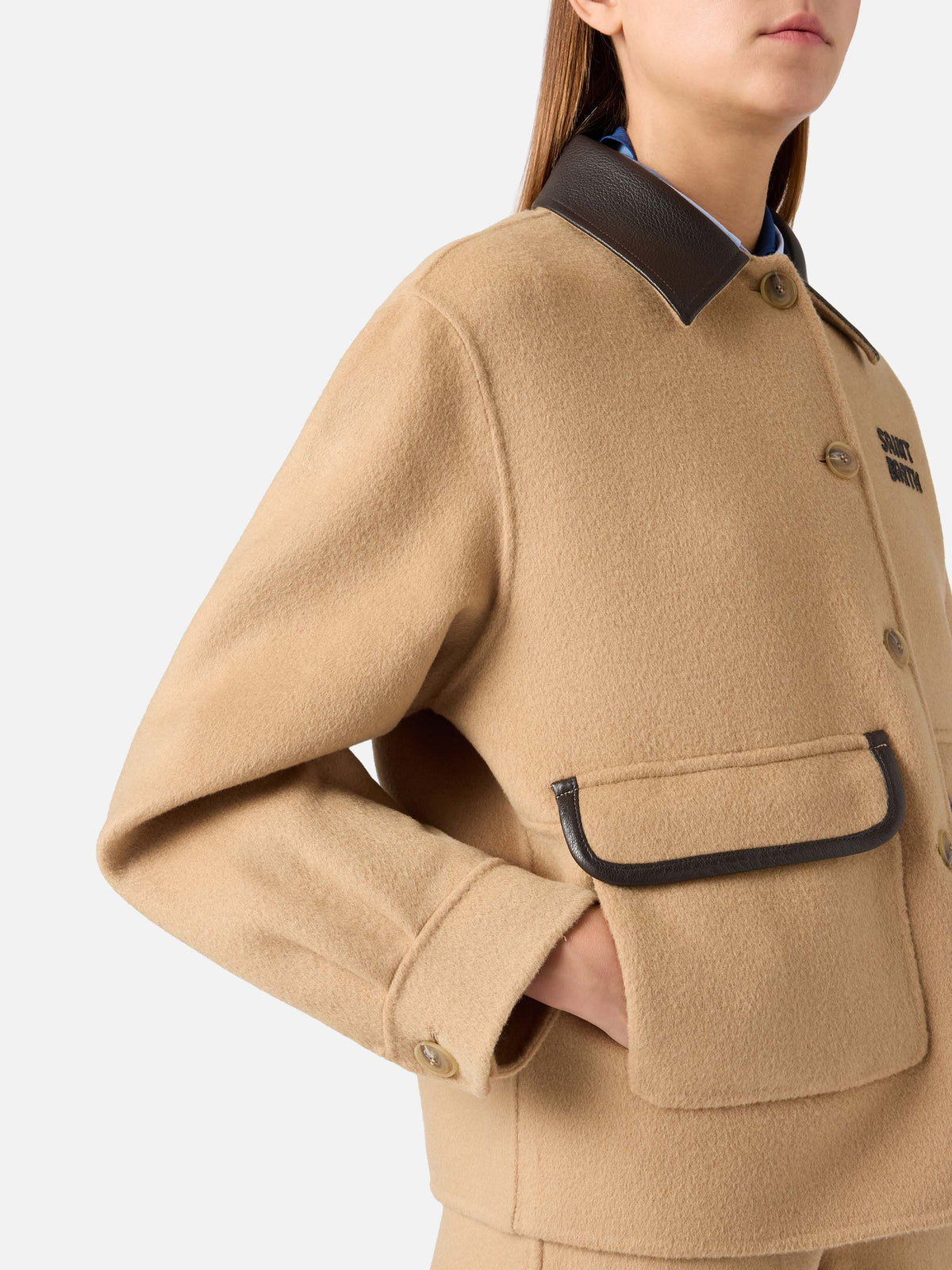 Beige Jacke aus Glacienne-Wollmischung mit Logo-Patch 