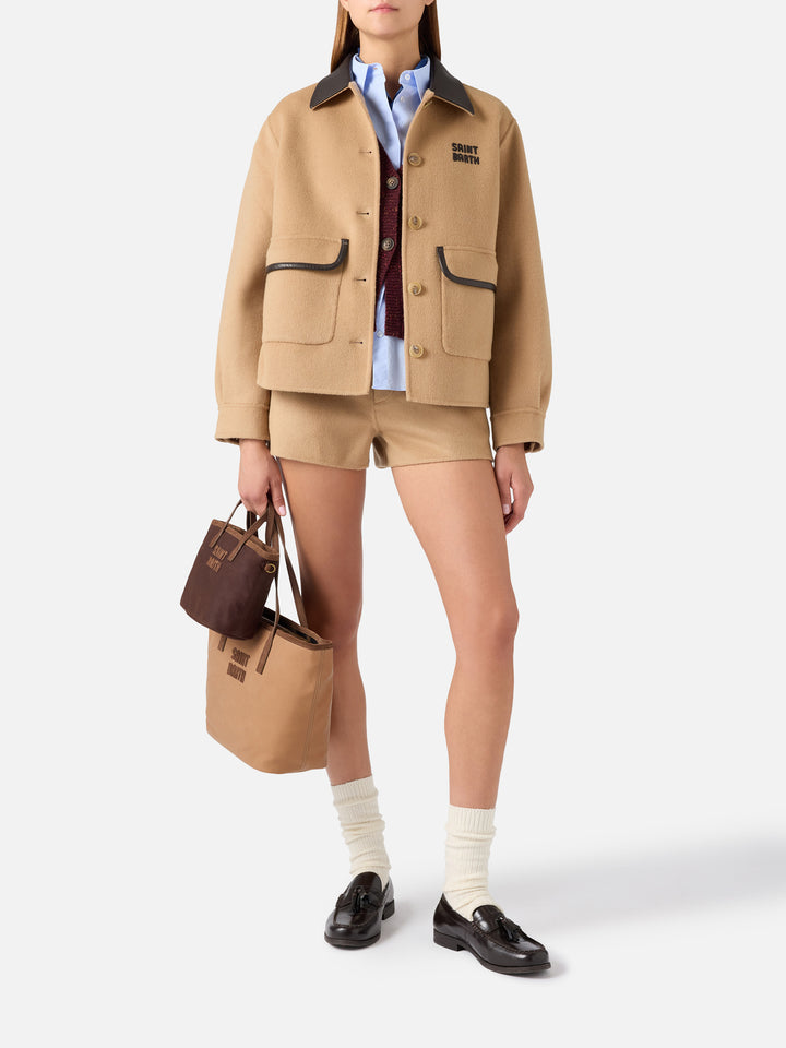Beige Elva Shorts aus doppellagigem Wollmischgewebe 