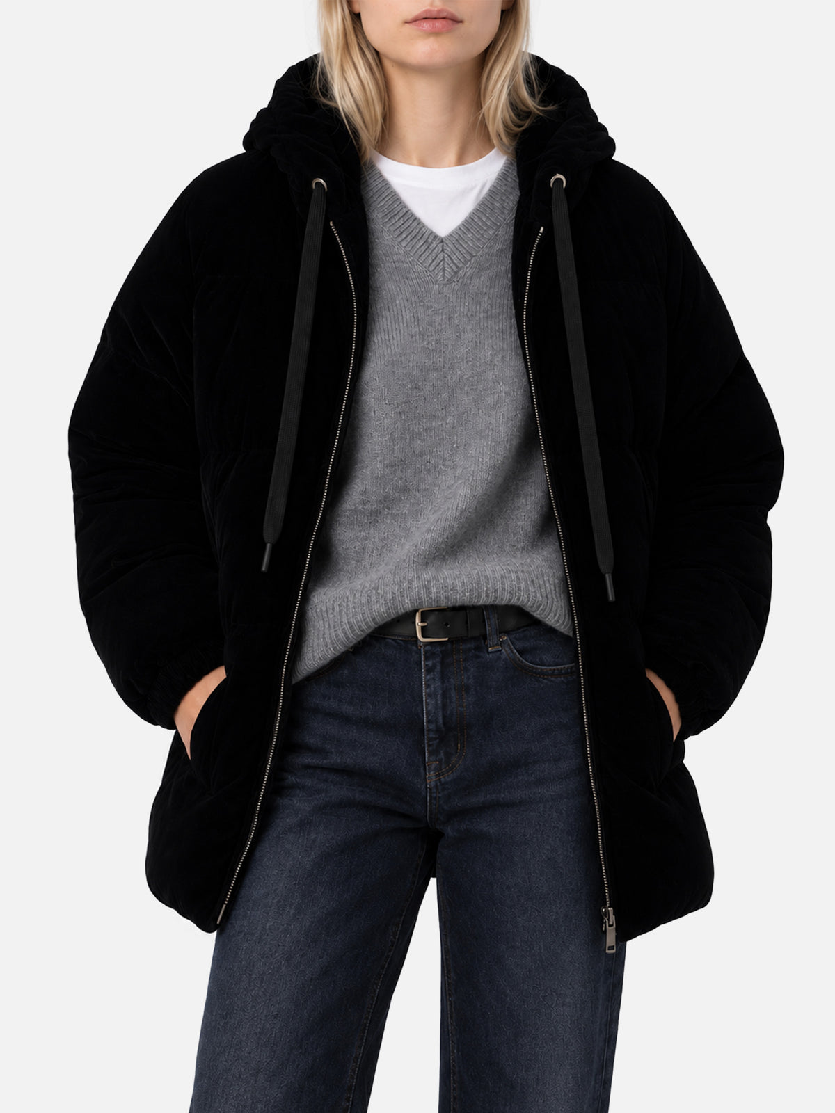 Chaqueta de plumón con capucha de terciopelo negro Geneve 