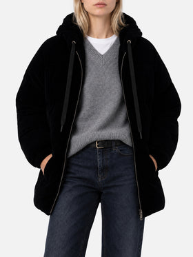 Chaqueta de plumón con capucha de terciopelo negro Geneve 