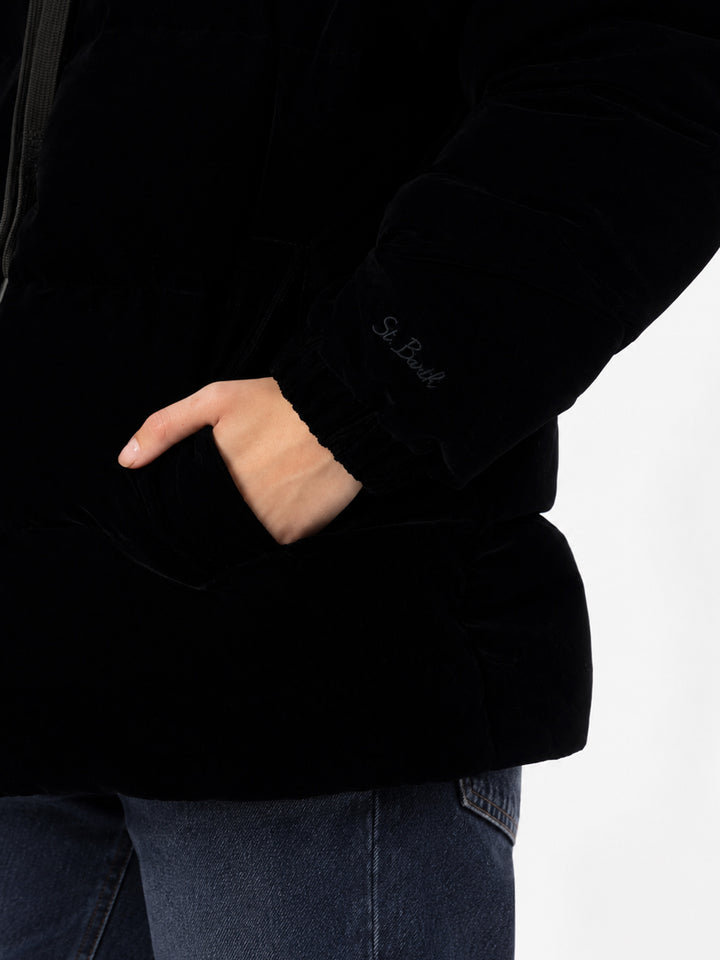 Geneve black velvet hooded down jacket