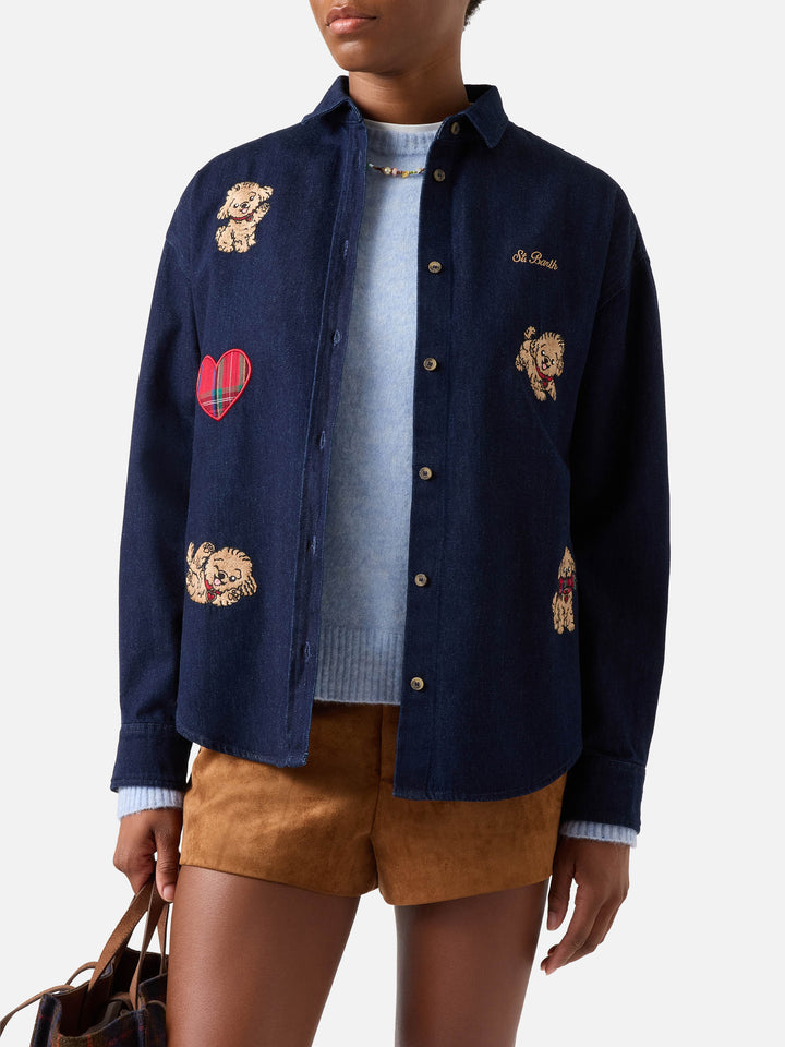 Camicia Gigy blu in denim di cotone con ricamo barboncini