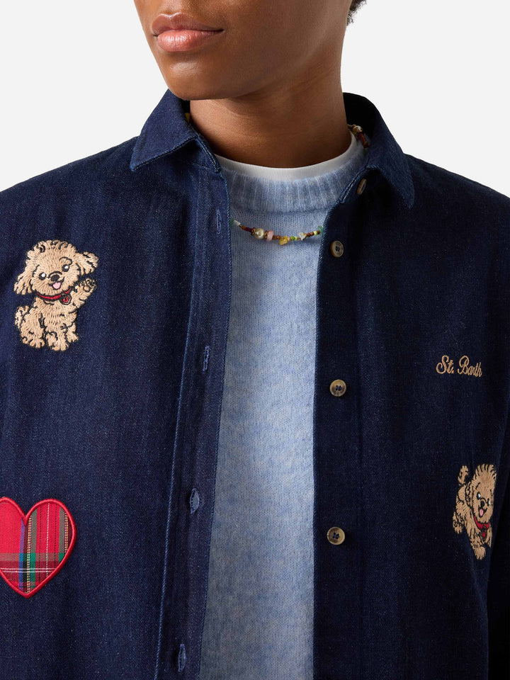 Camicia Gigy blu in denim di cotone con ricamo barboncini