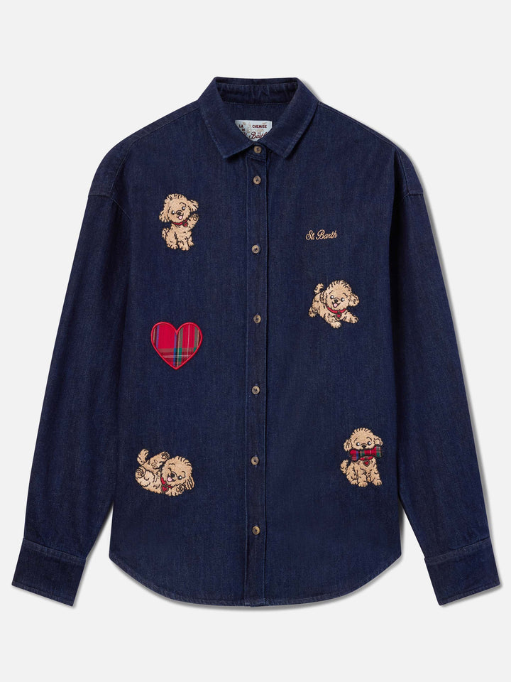 Blue Camisa Gigy de denim de algodón con bordado de caniche 