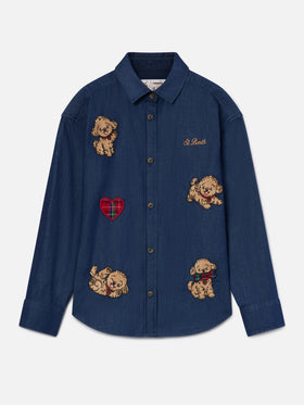 Chemise en denim de coton léger blue Gigy avec broderie caniche 