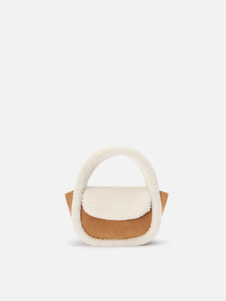 Gilda Mutton Suede Handtasche aus beigefarbenem Wildlederimitat und Shearling