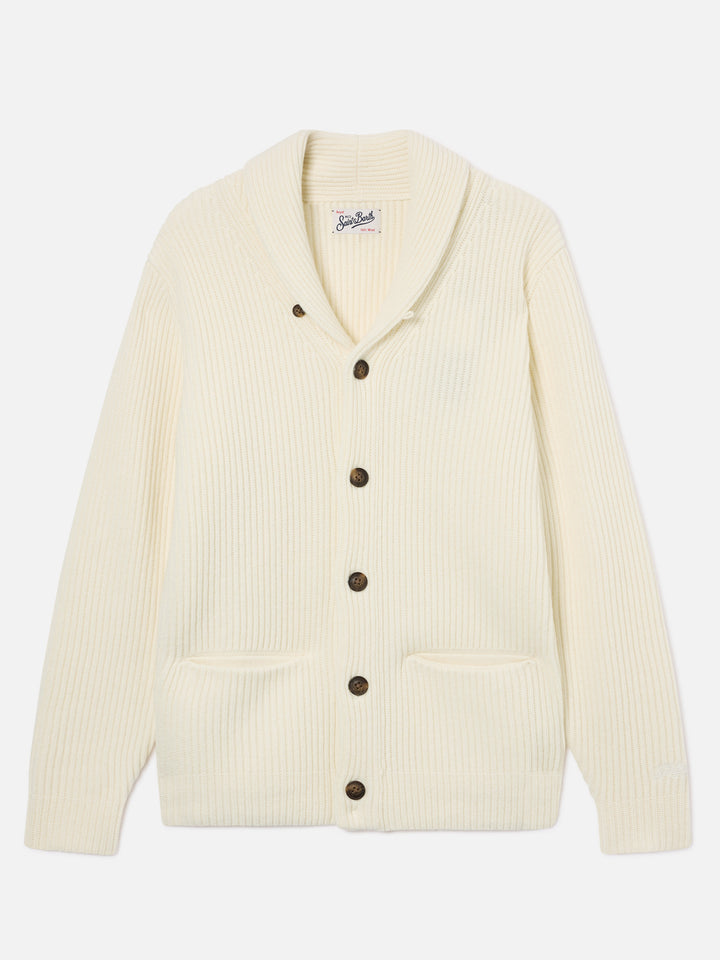 Cardigan Glasgow bianco panna in lana con collo a scialle