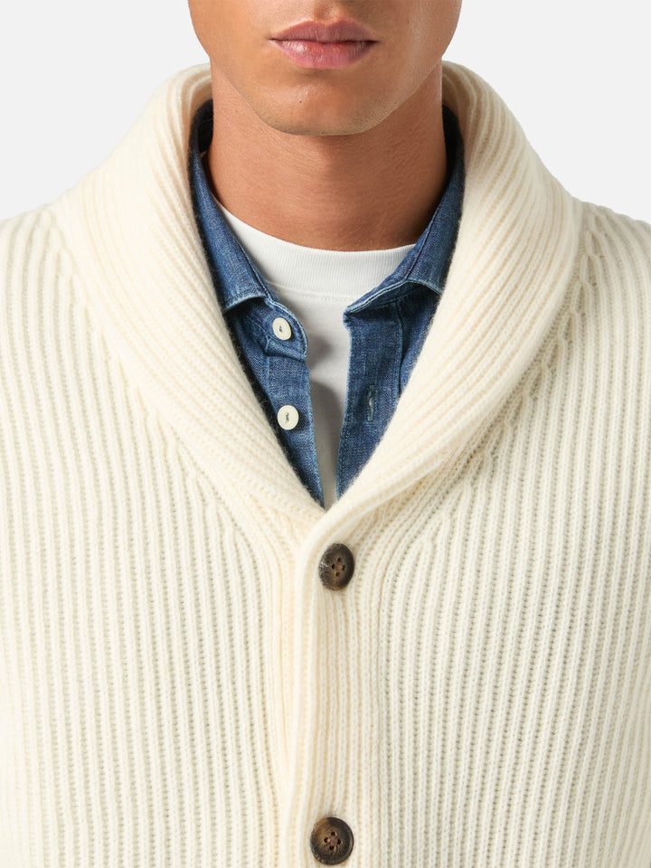 Cardigan Glasgow en laine off white avec col châle 