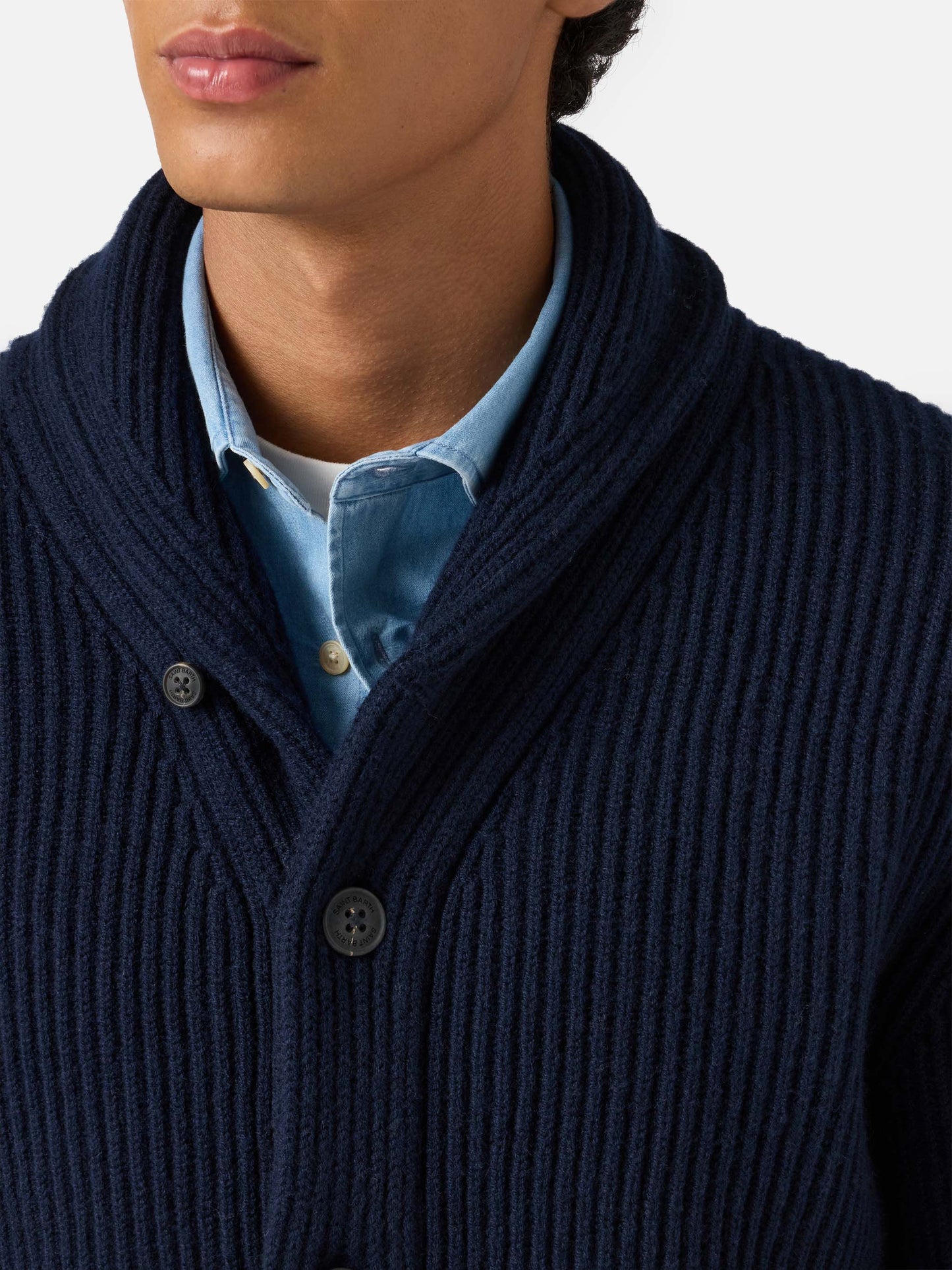 Marineblaue Strickjacke aus reiner Wolle, Glasgow
