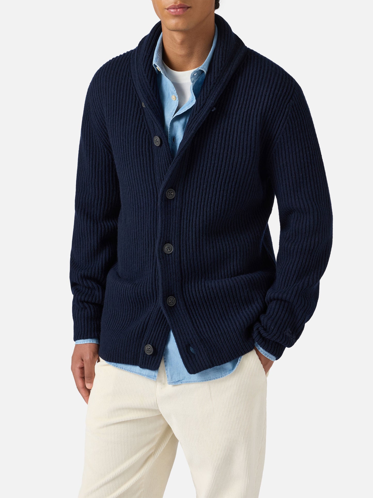 Marineblaue Strickjacke aus reiner Wolle, Glasgow