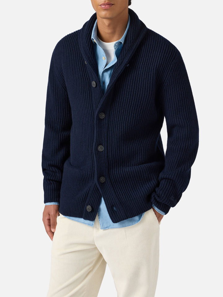 Marineblaue Strickjacke aus reiner Wolle, Glasgow