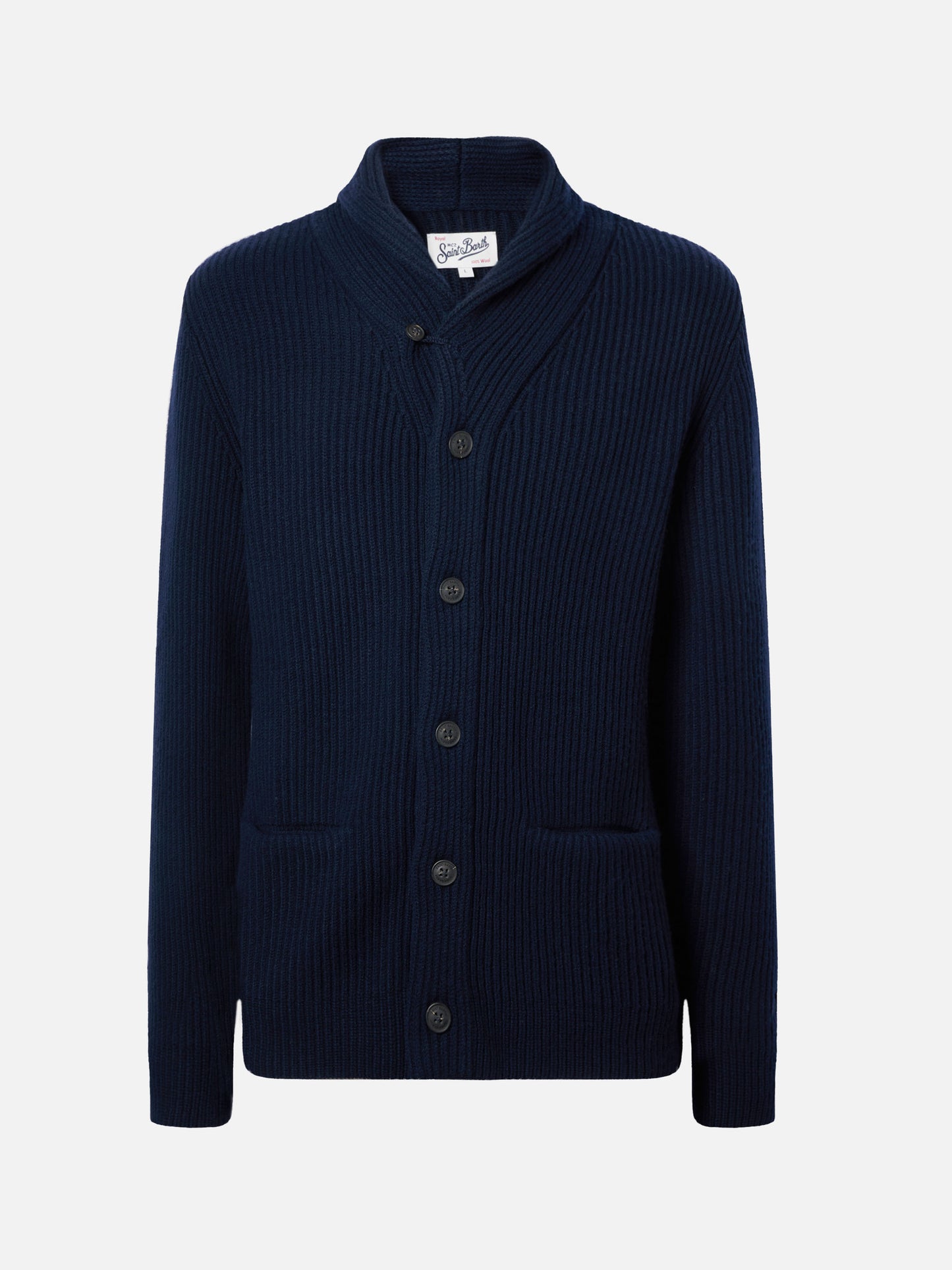Marineblaue Strickjacke aus reiner Wolle, Glasgow