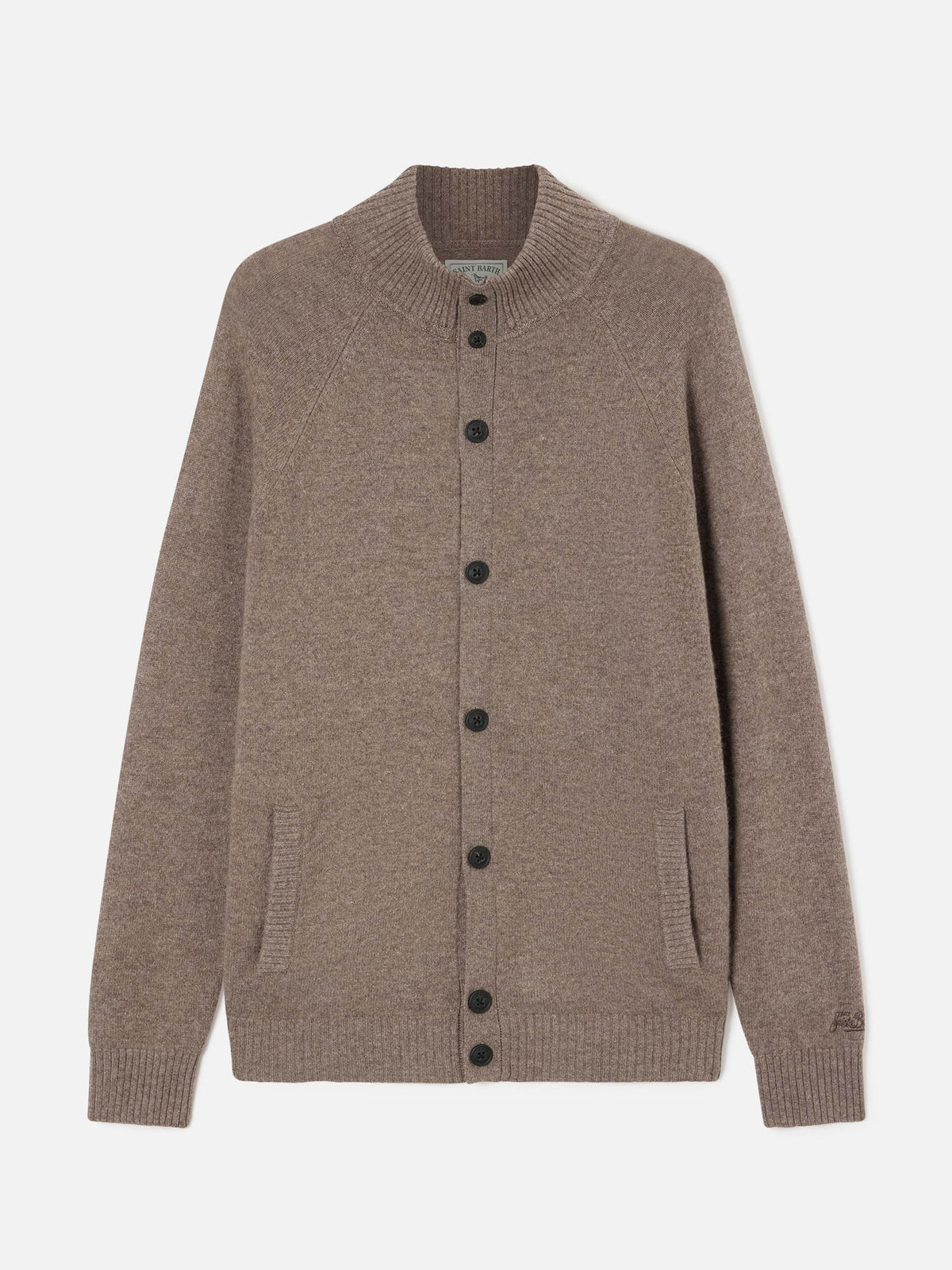 Beige Galway lambswool cardigan with high collar