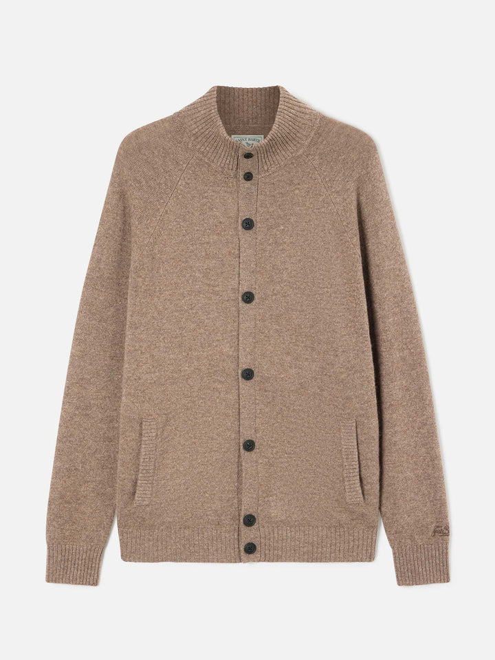 Beige Galway lambswool cardigan with high collar
