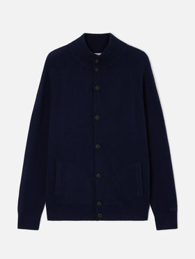 Navy blue Galway lambswool cardigan with high collar