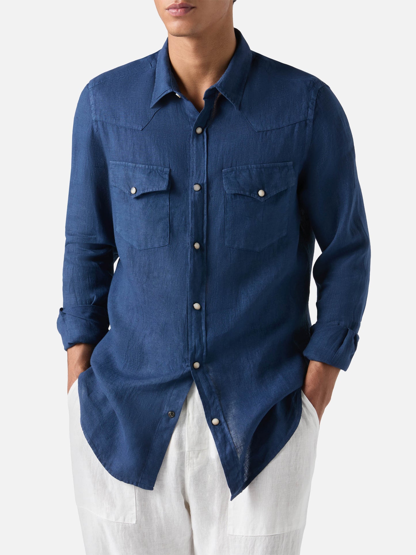 Camisa Greg de lino con efecto denim en azul marino 