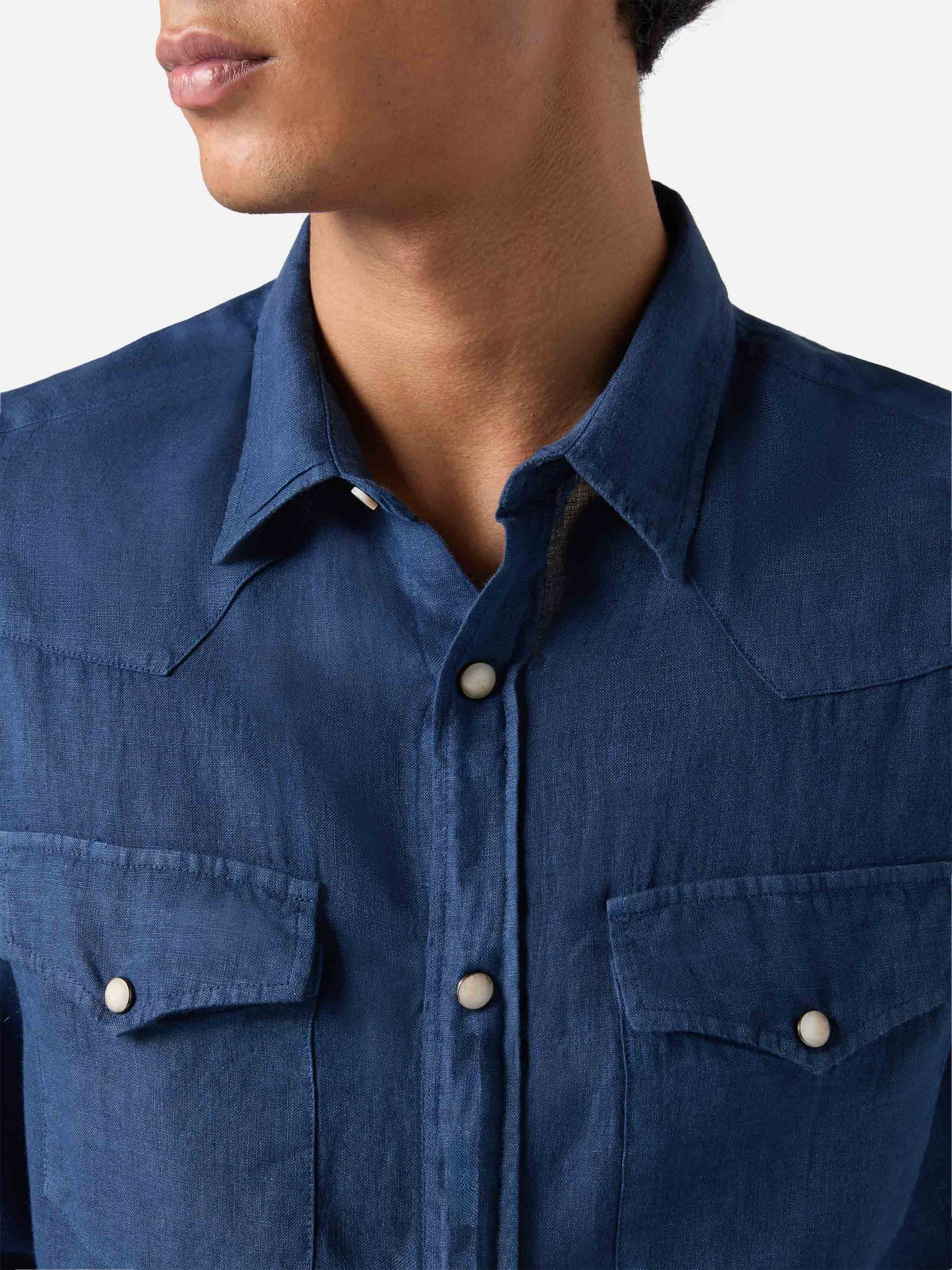 Camisa Greg de lino con efecto denim en azul marino 