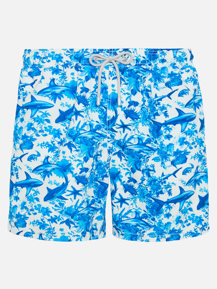 Mid-length Gustavia swim-shorts with shark print | AI CO-CREATED DESIGN BY RICKDICK - POWERED BY RED-EYE